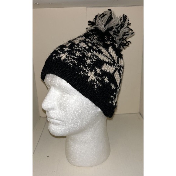 Wool Snowflake Hat Beanie Black Adult Pompom - Picture 1 of 8